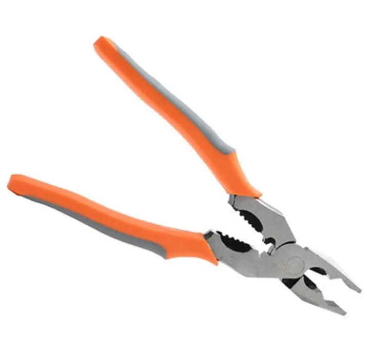 Orange multi-function wire cutter pliers with forged steel head and textured PVC handles.