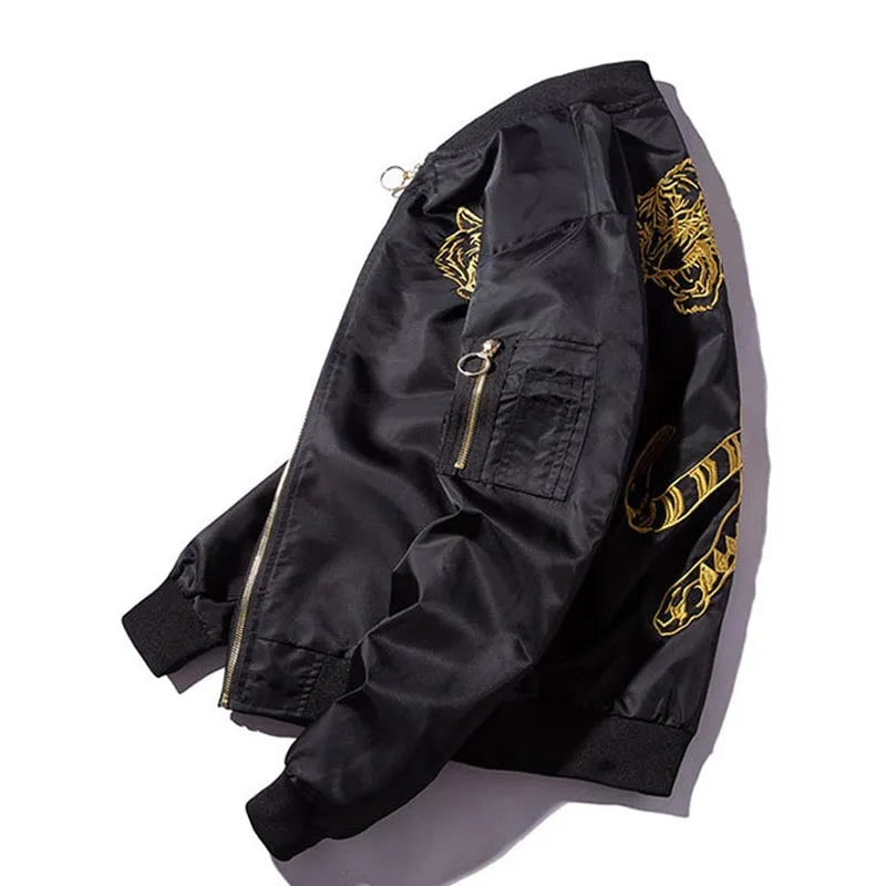 Men's black gold embroidered baseball jacket with stand-up collar, zip front, and loose fit, sizes S to 3XL.