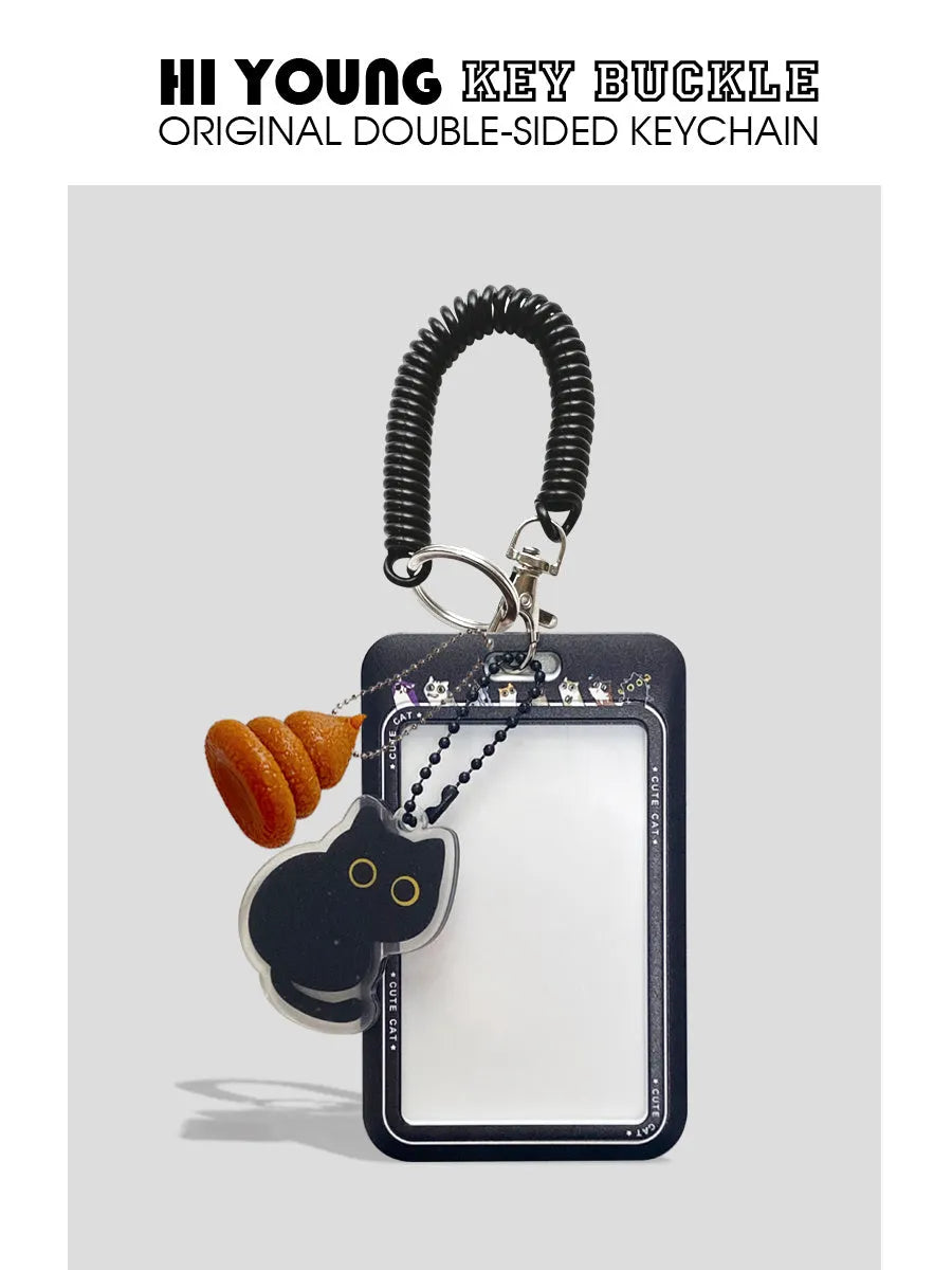 Plastic card sleeve with cartoon black cat design and attached ferrule pendant for keychain attachment