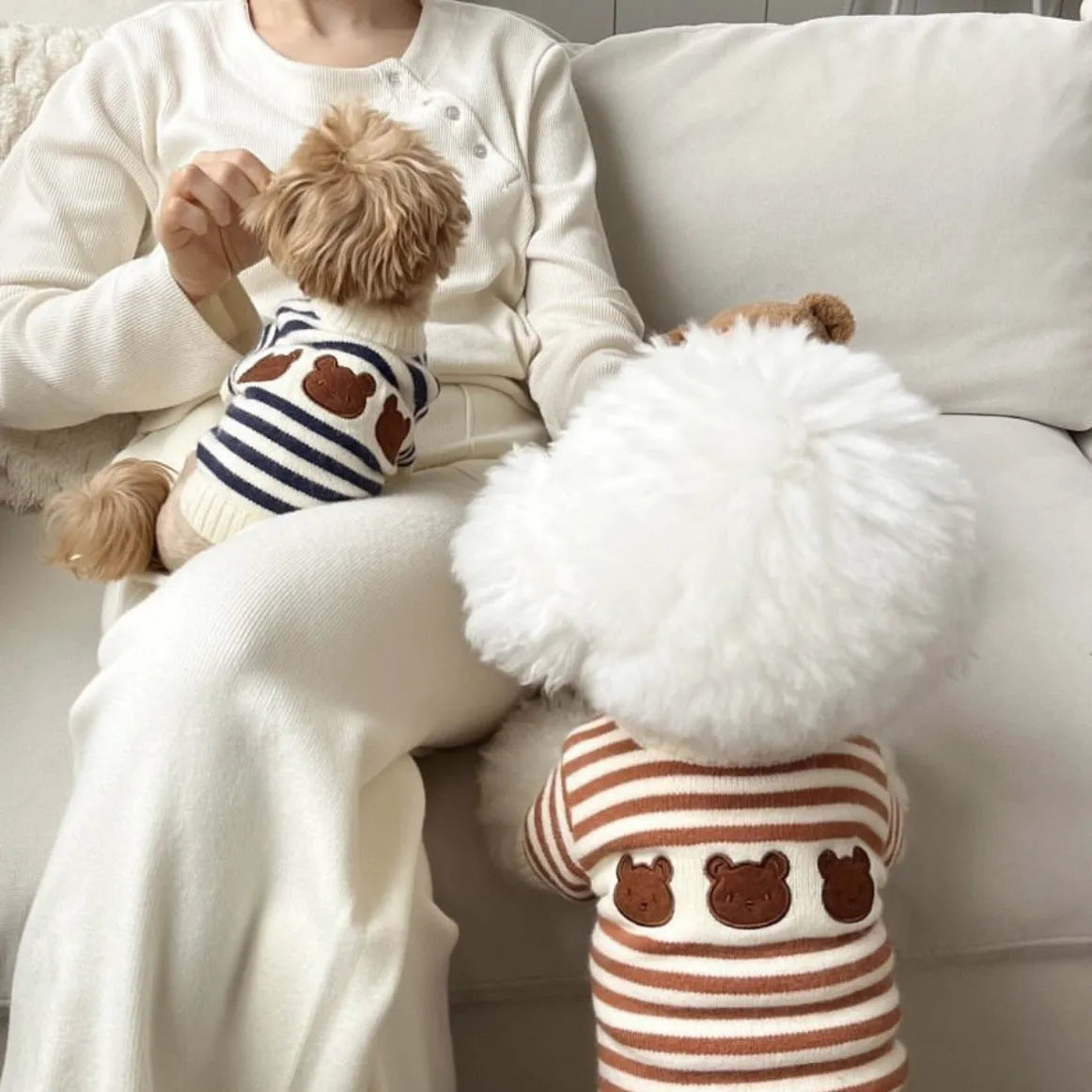Ins Korean warm pet knitted sweater in navy blue stripes, wool, sizes S to XL