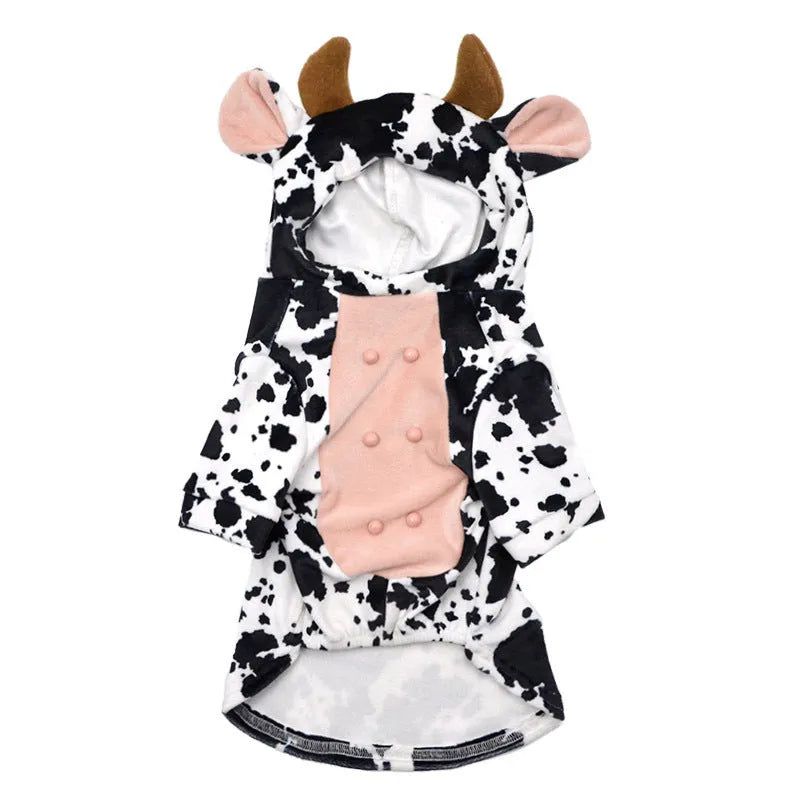 Cow shape dog clothes in black and white velvet, shown for sizes S, M, and L pet outfit