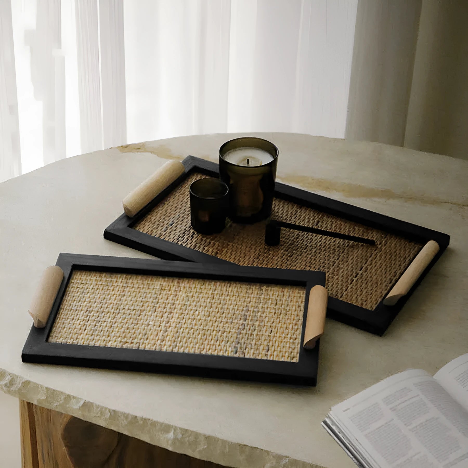 Pine wood compartment serving tray shown in large and small size options
