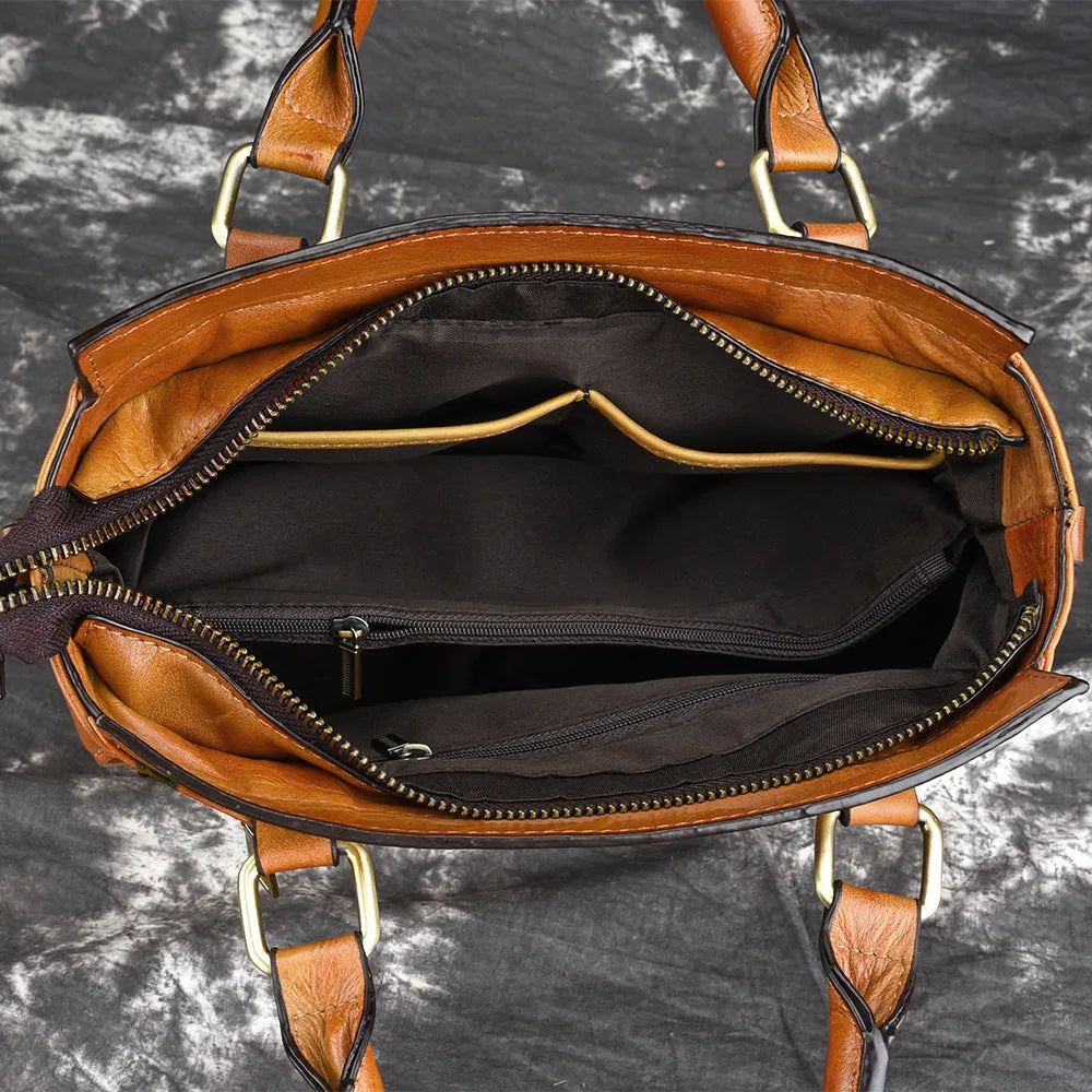 Genuine leather cross body bag in retro yellow brush colour with top handle and shoulder strap