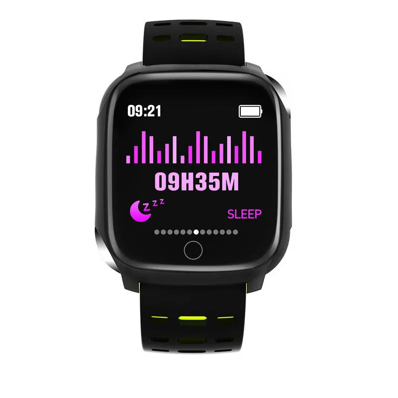 F16 Smart Watch with ECG monitor on a silicone strap, displaying blood pressure and heart rate data on its IPS screen.