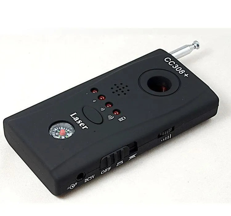 Black CC308 wireless signal detector with sound alarm mode, 65x48x15mm