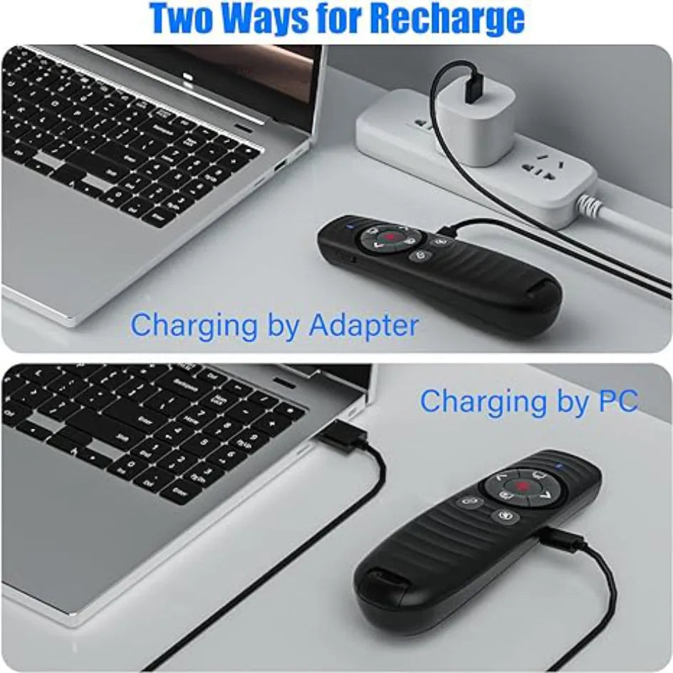 Dual receiving laser pointer remote control in black or white with red light and page turning functions