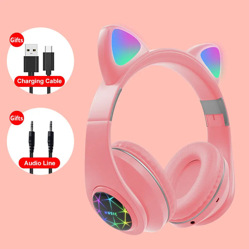 Wireless cat ear Bluetooth headset in multiple colours, showing head-mounted design for sports and music.
