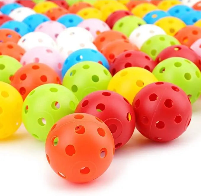 Multi-coloured 26-hole golf practice balls showing red, blue, green, orange, white and yellow options