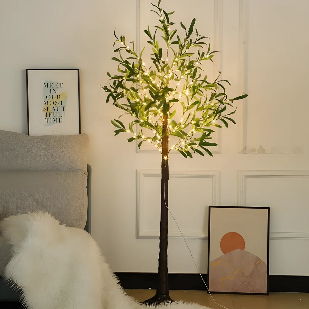 1.8 metre tall simulation olive leaf tree lamp with warm white LED lights illuminating olive branches for courtyard decoration