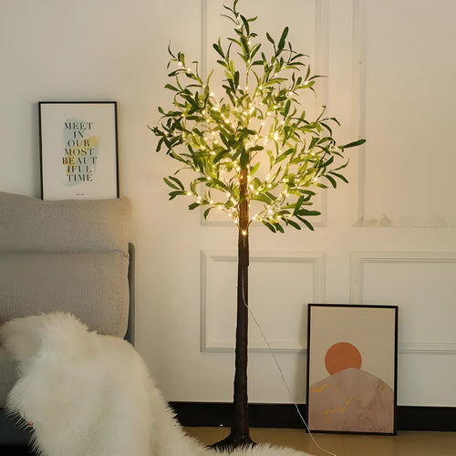 1.8 metre tall simulation olive leaf tree lamp with warm white LED lights illuminating olive branches for courtyard decoration