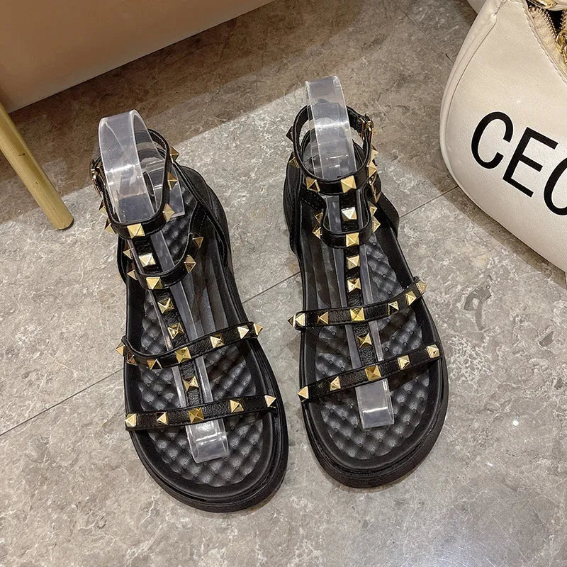 Beige Fairy Style Roman sandals for women with round toe, rivet platform, and ankle buckle closure.