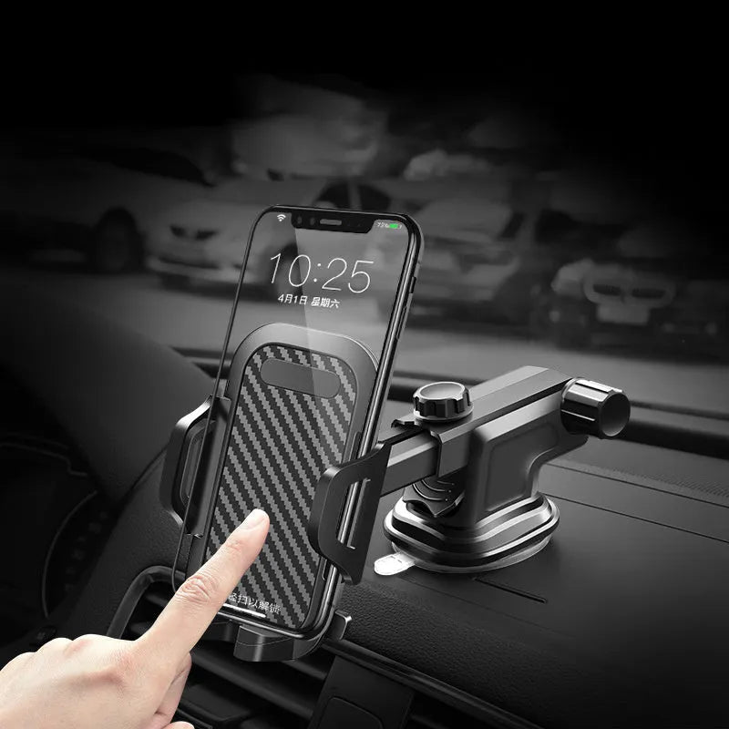 Black universal car phone holder with adjustable arms for 4 to 7 inch smartphones.