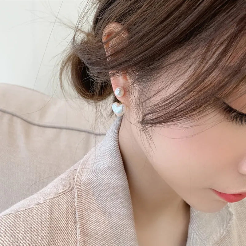Korean style heart shaped alloy stud earrings with electroplated finish and artificial gem inlays