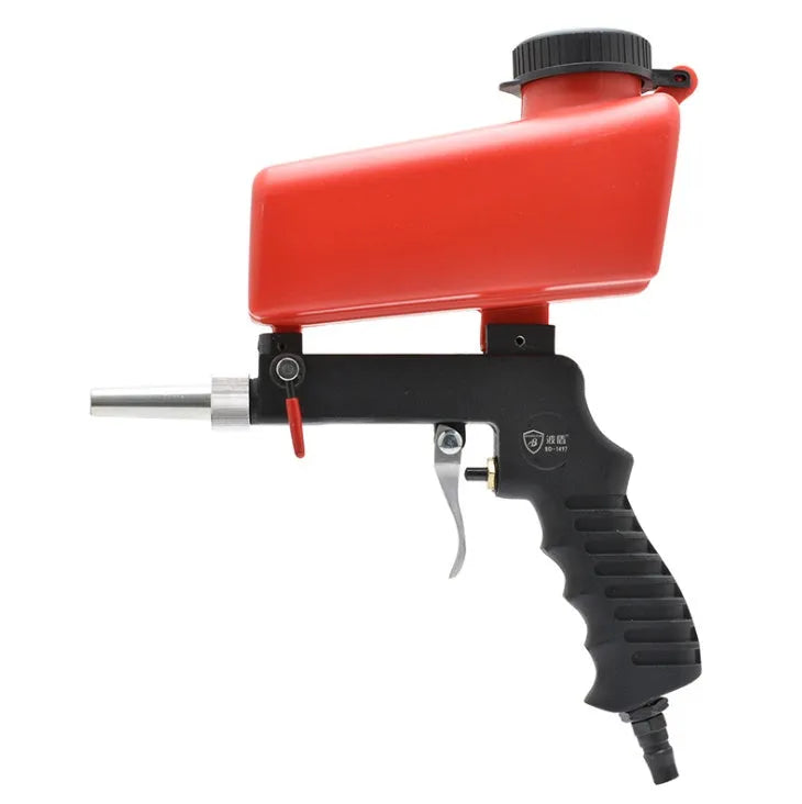 Portable black gravity-feed pneumatic sandblasting gun with 21lb tank.