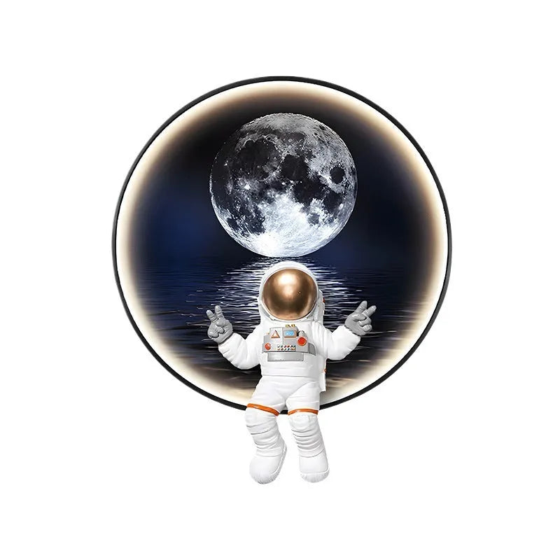 Frameless canvas spaceman wall painting in children's room with bedside lamp feature