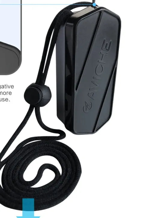 Black plastic air purifier necklace measuring 80mm by 37mm by 24mm
