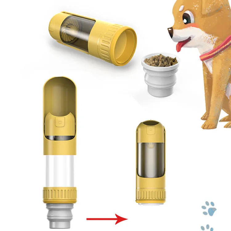 Dark blue portable dog water bottle with integrated drinking bowl showing measurement scale
