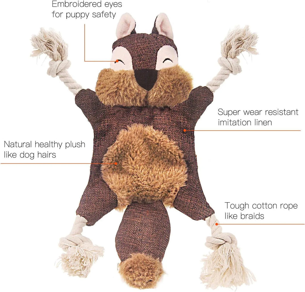 Brown plush fox dog toy with cotton rope limbs and embroidered eyes on a white background.