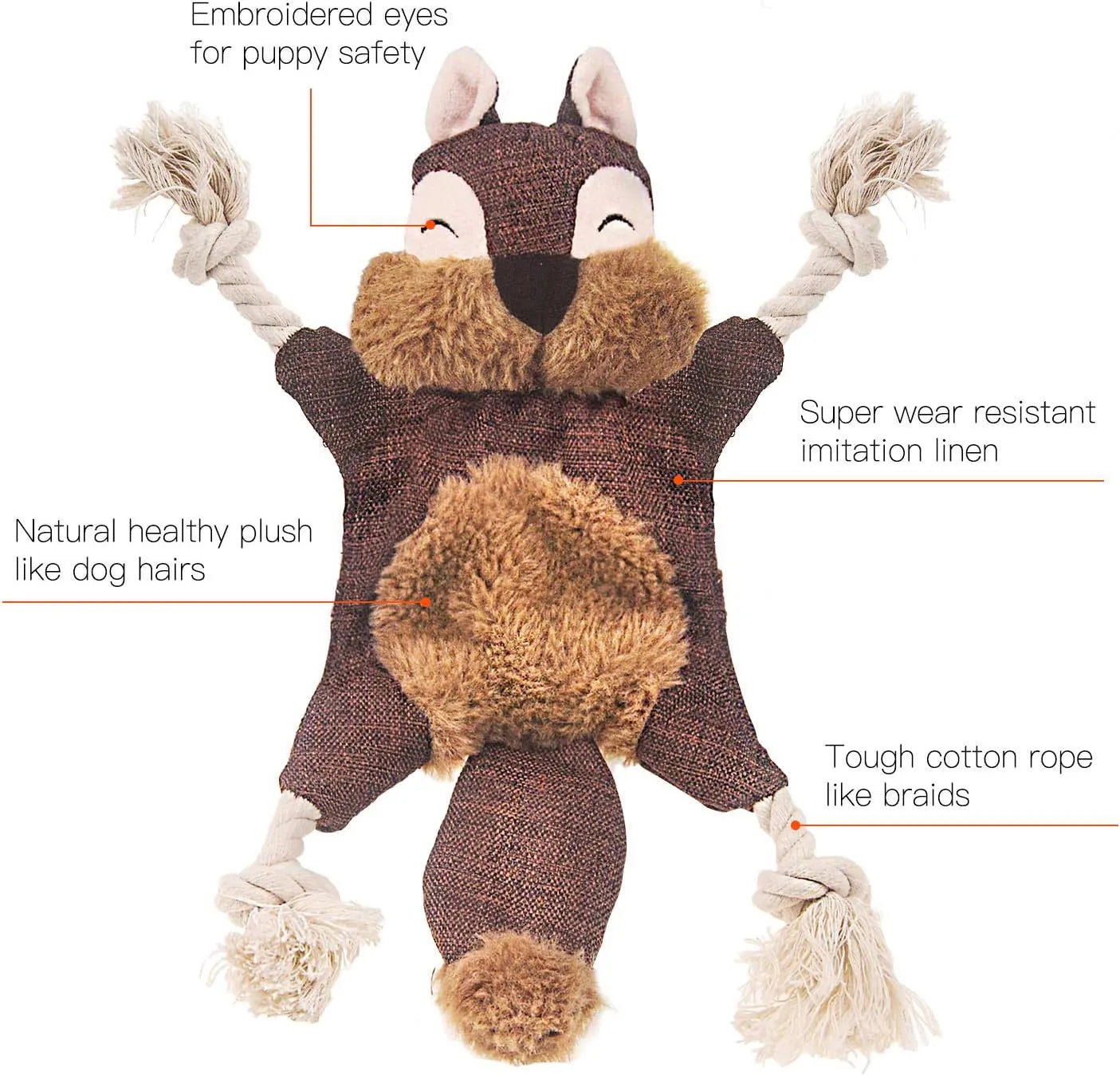 Brown plush fox dog toy with cotton rope limbs and embroidered eyes on a white background.
