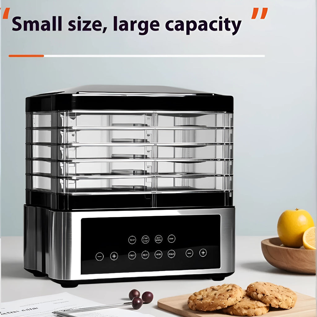 Silver stainless steel household food dehydrator with 14-litre capacity on a kitchen counter.