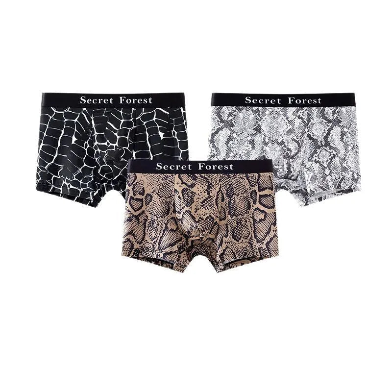 Men's loose fit thin boxer shorts in black, grey, or brown polyester knit fabric.