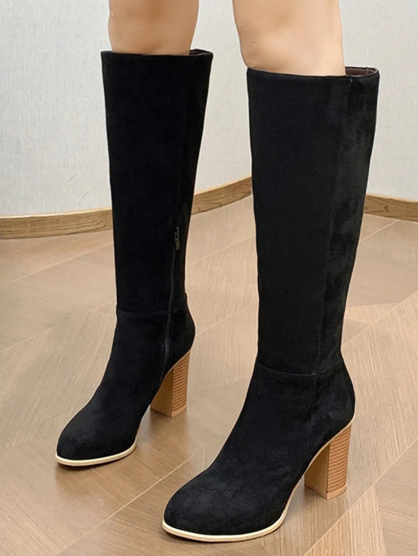 Women's black square toe high heel ankle boots with artificial PU leather upper