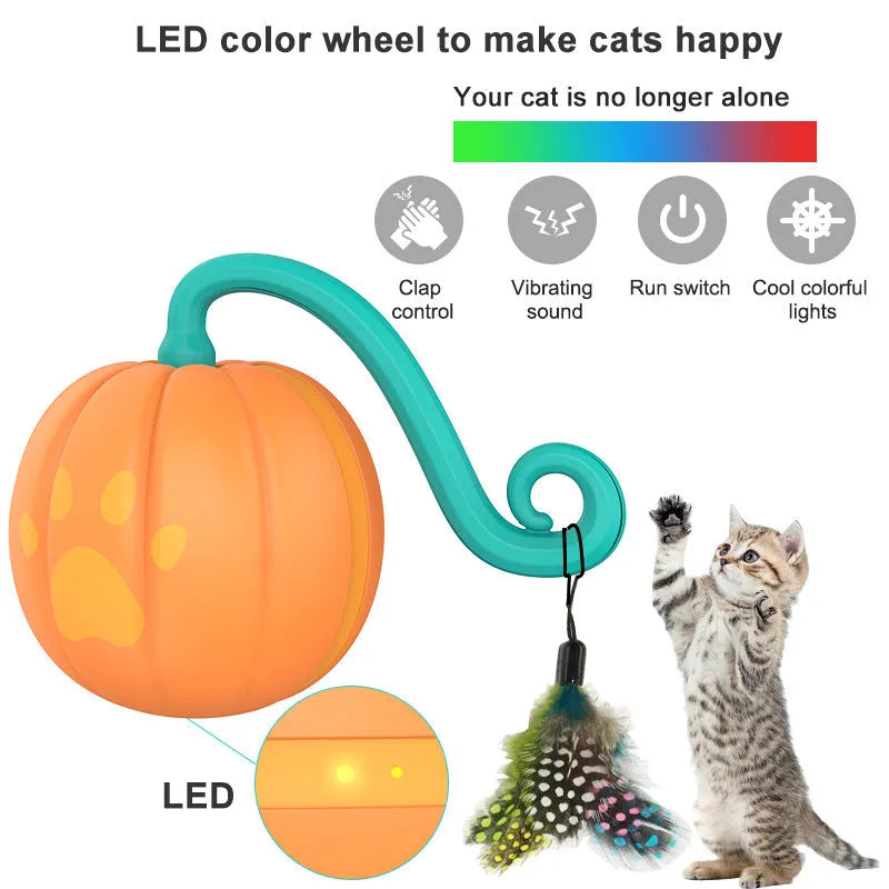 USB rechargeable electric luminous cat teasing ball toy in watermelon or pumpkin colour.