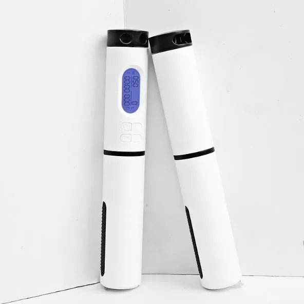 Smart counting skipping rope with PU cord, LED HD screen, calorie record, and 360-degree anti-wind rotation in black white, blue white, or pink white.