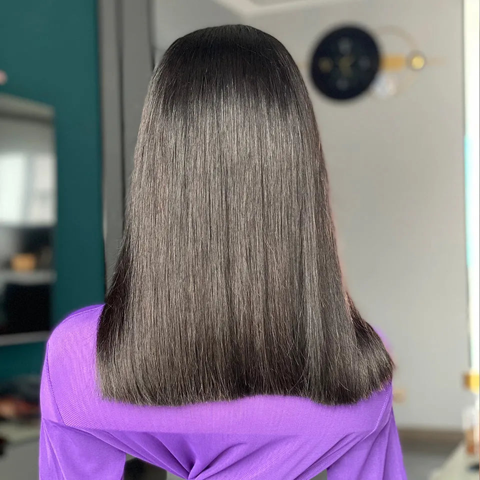 Double drawn bone straight human hair wig in black, 16 inch model length, made from Chinese human hair