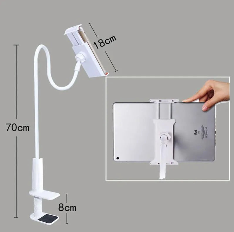 Black bedside oversize flat panel handset phone holder with long adjustable arm mounted on a table