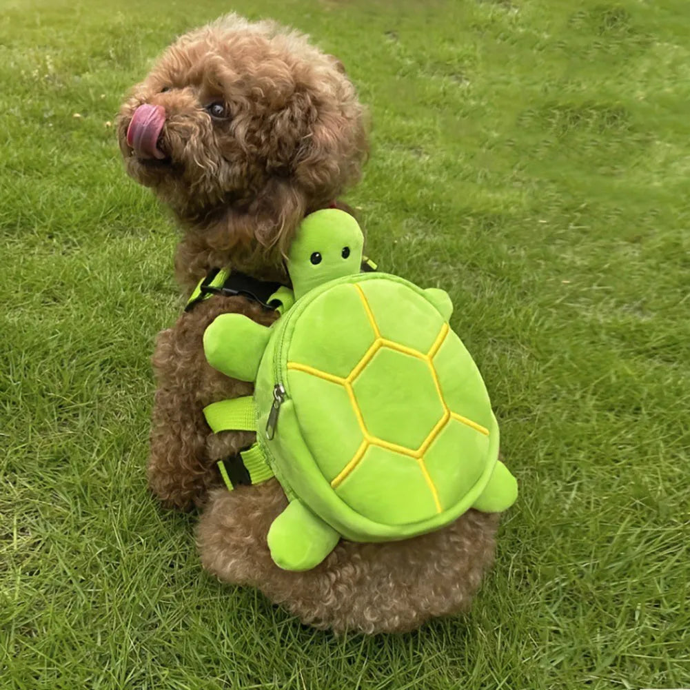 Brown turtle-shaped velvet dog backpack harness with storage compartment and metal zipper