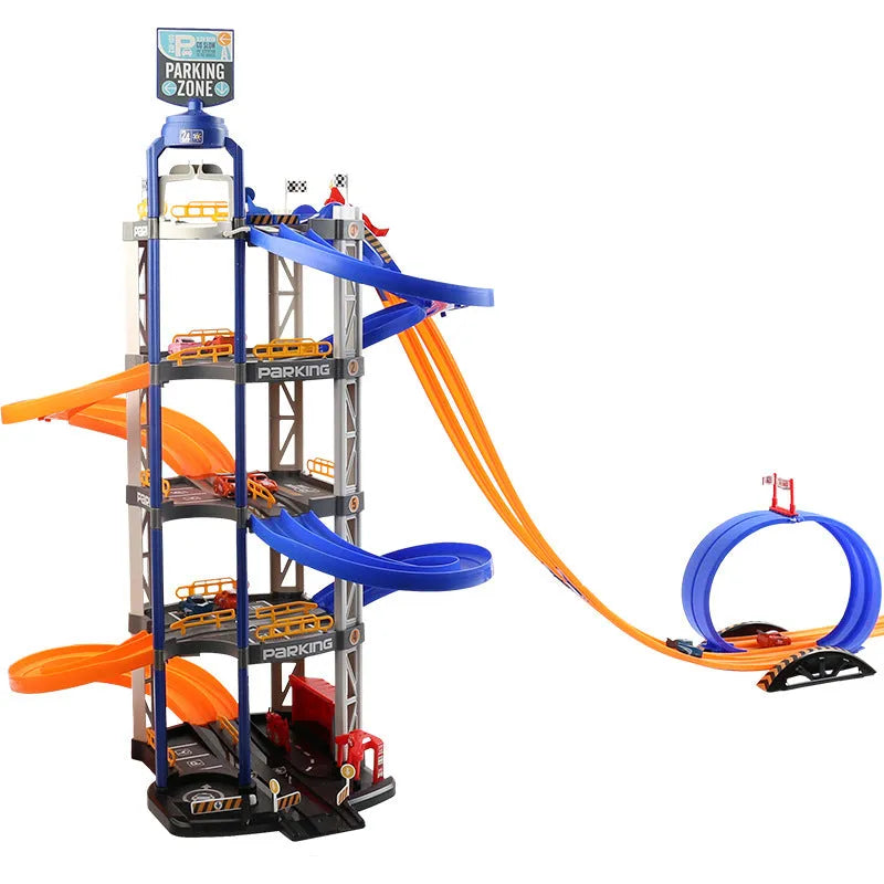 Two-lane competition 5-storey 8-car DIY parking lot track toy set in plastic for children aged 4-6
