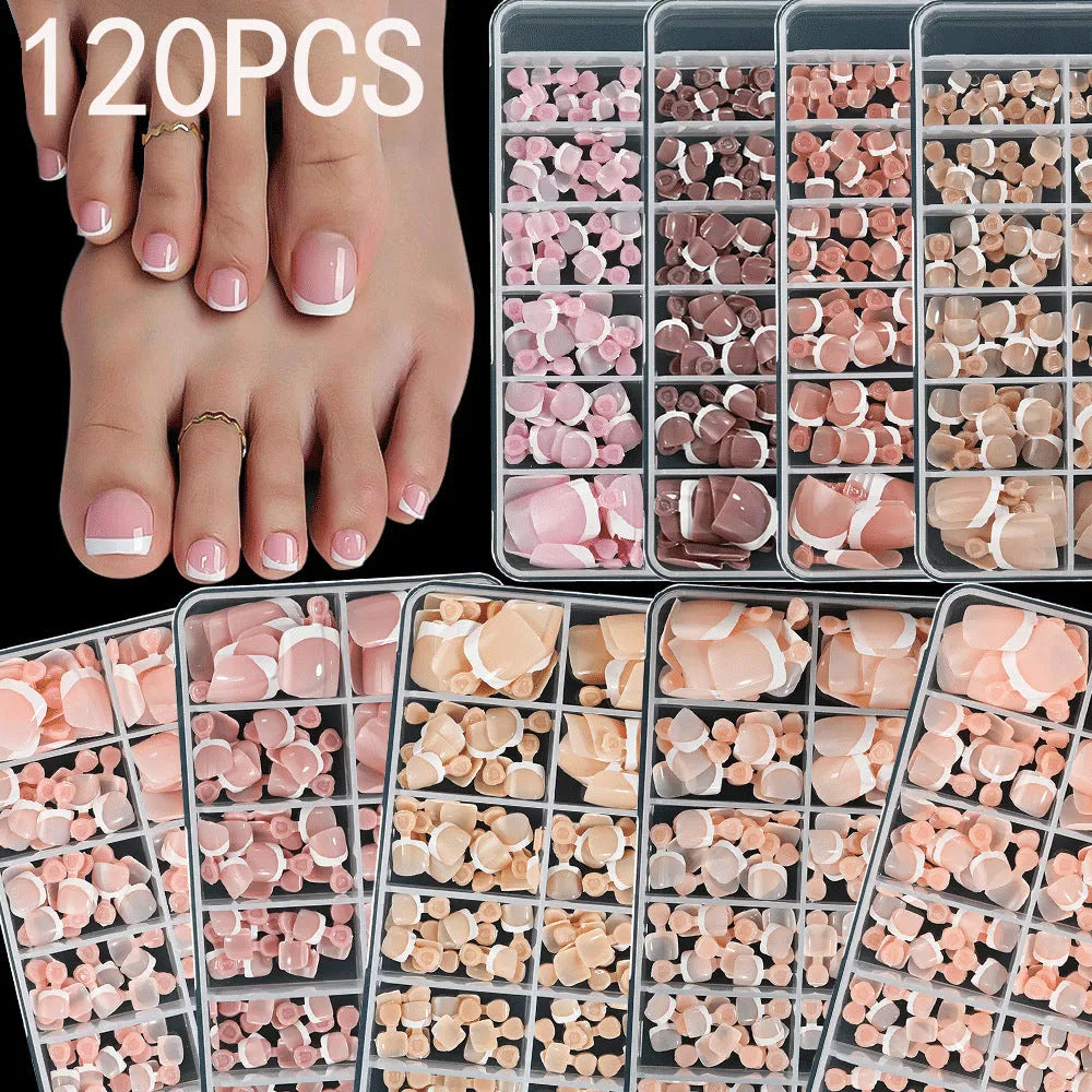 120-piece false toenail set with French white edge and nude base in full square short shape