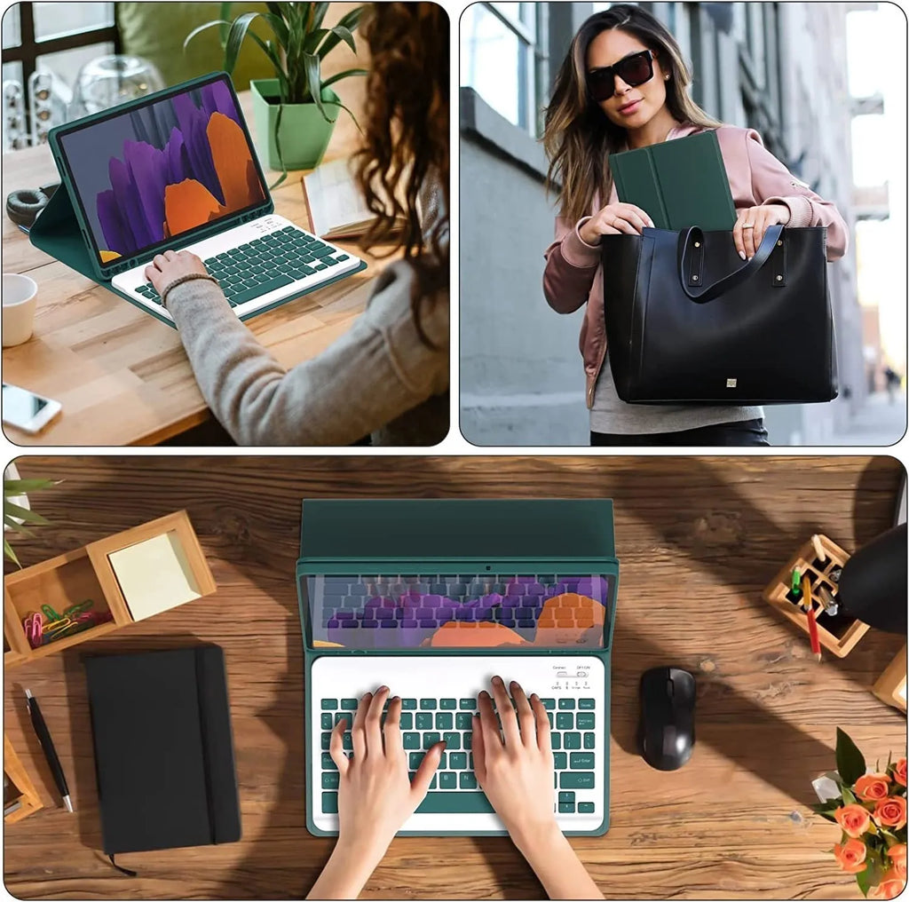 Samsung Galaxy Tab keyboard case with Bluetooth mouse in six colour options including black, pink, blue, green, and purple