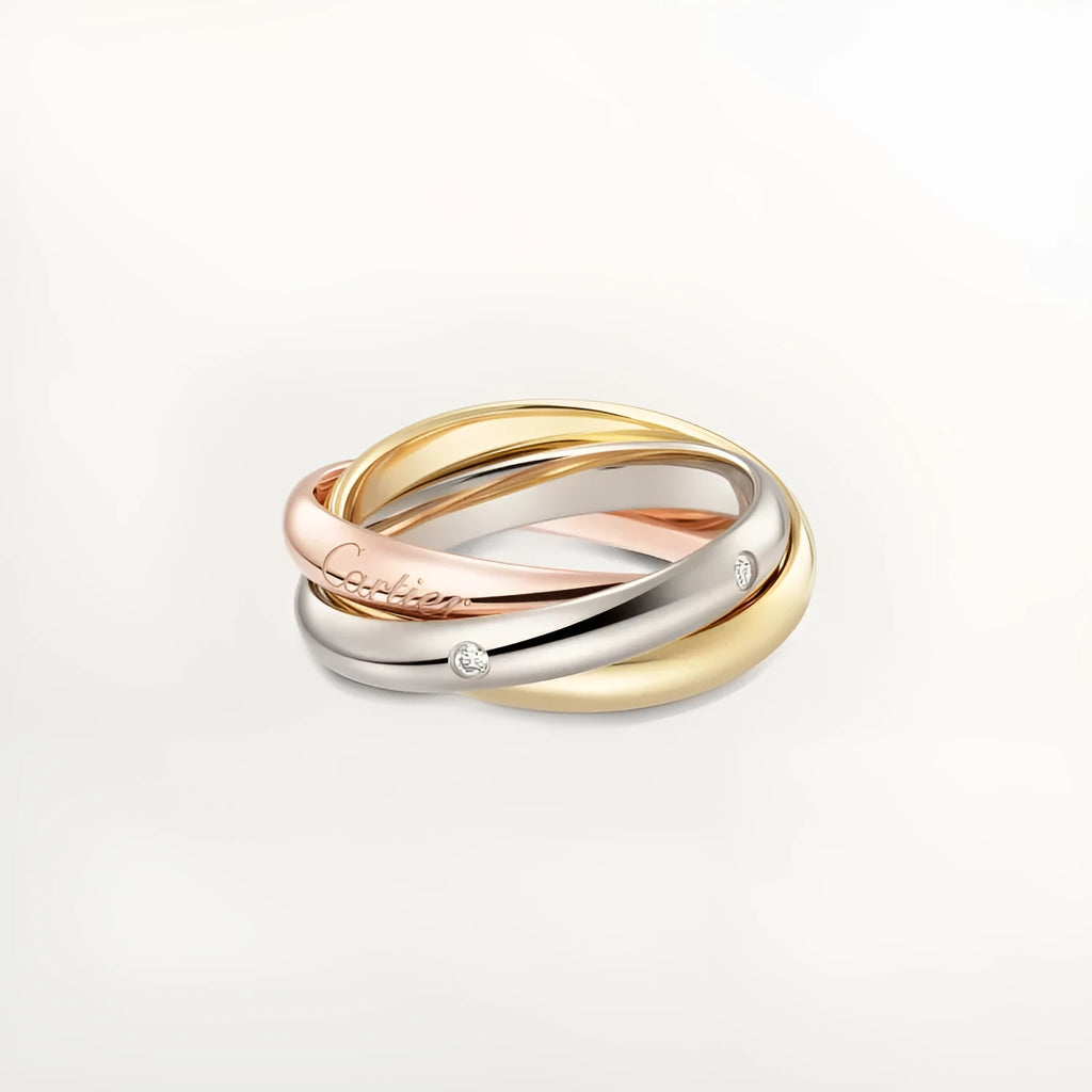 Geometric U-shaped sterling silver couple rings with diamond settings and engraving options on a ring size chart.
