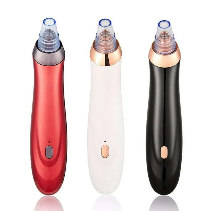 Handheld electric blackhead remover device in black with multiple nozzle attachments.