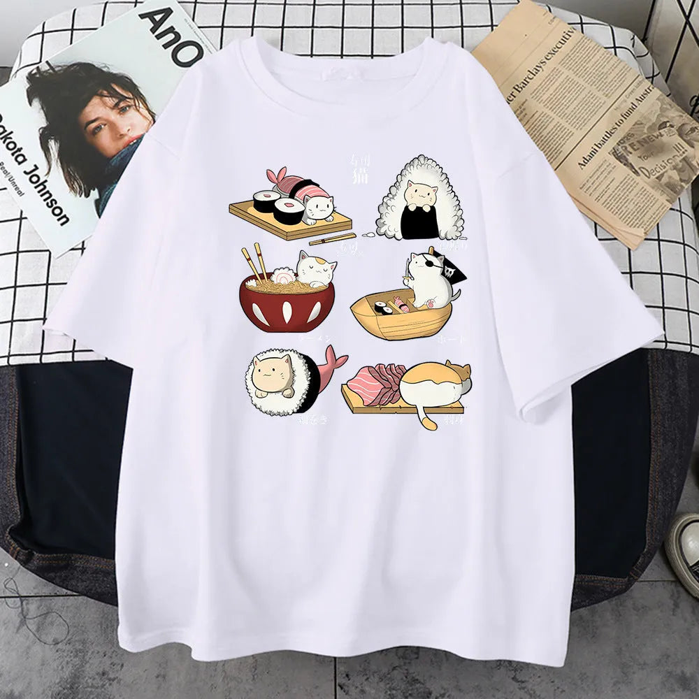 Men's grey Cat Sushi cartoon graphic printed on a loose-fit cotton short-sleeve T-shirt.
