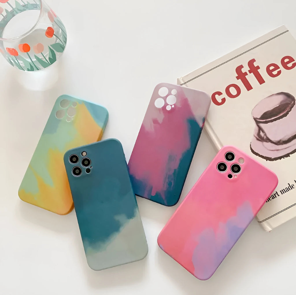Soft silicone iPhone case with gradient oil painting and geometric abstract pattern in blue