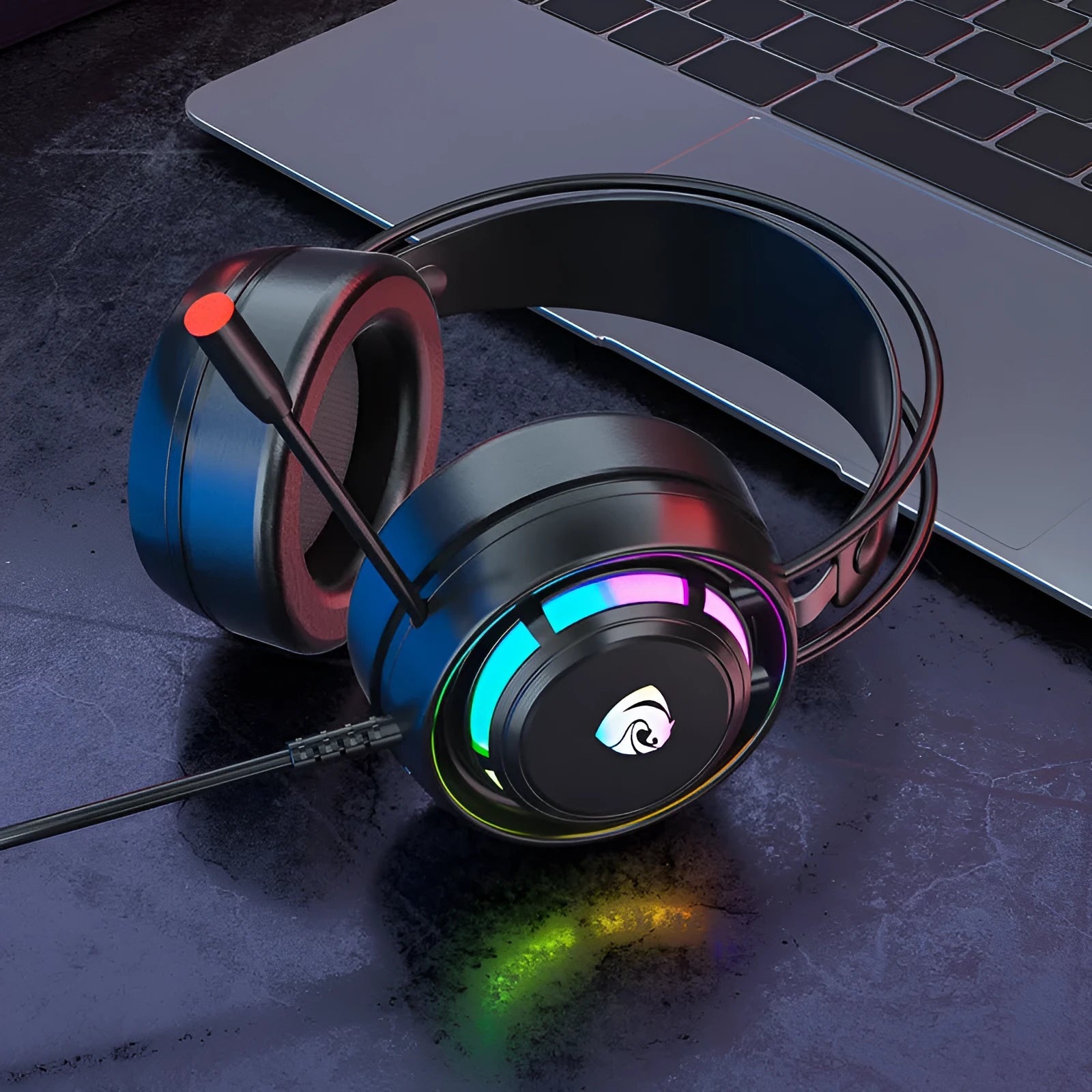 Black wired over-ear gaming headphones with microphone and long cable, shown with 3.5mm plug and USB version options.