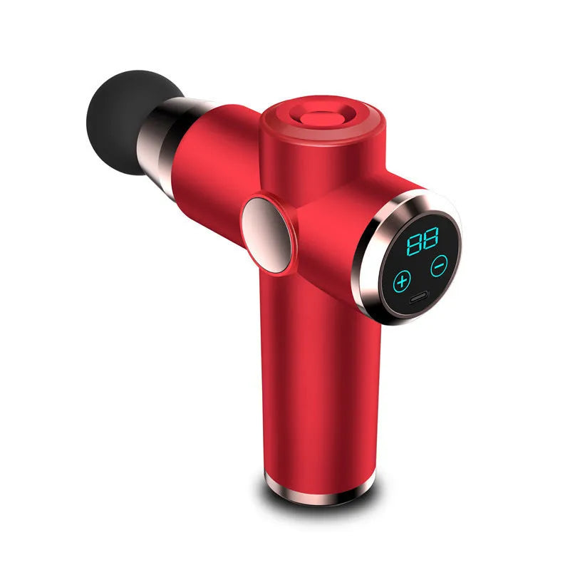 Electric massage gun with brushless motor, 6 gears, 4 heads, USB rechargeable, in black, red, grey or green.