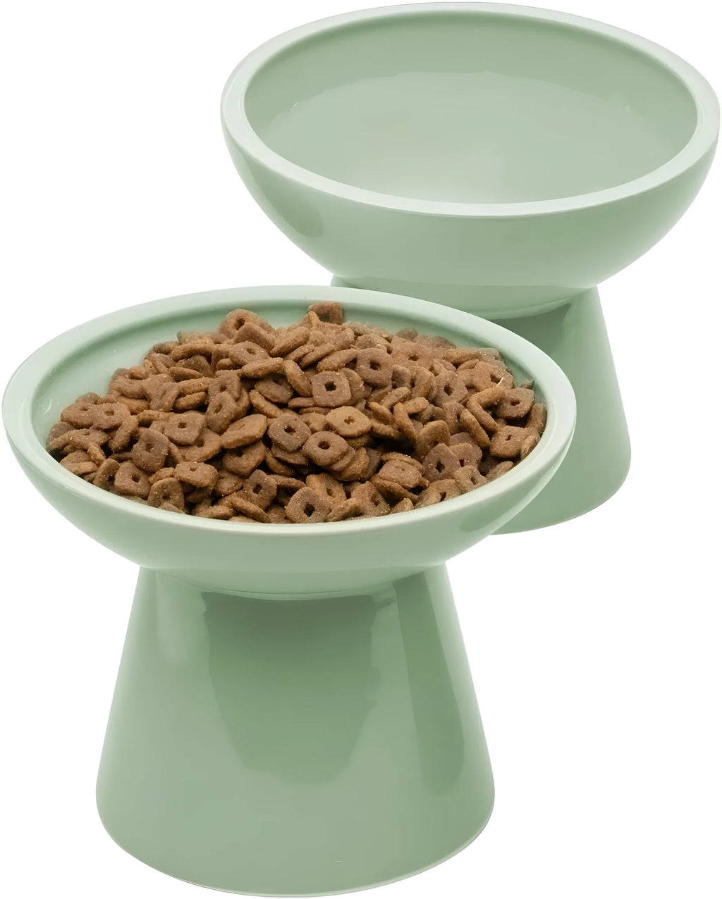 Extra wide elevated ceramic cat food and water bowl set in blue, green, pink, or white