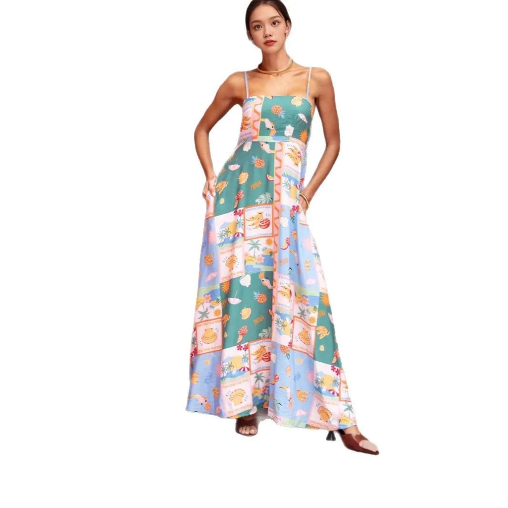Green printed flared strap long sleeveless polyester dress for women