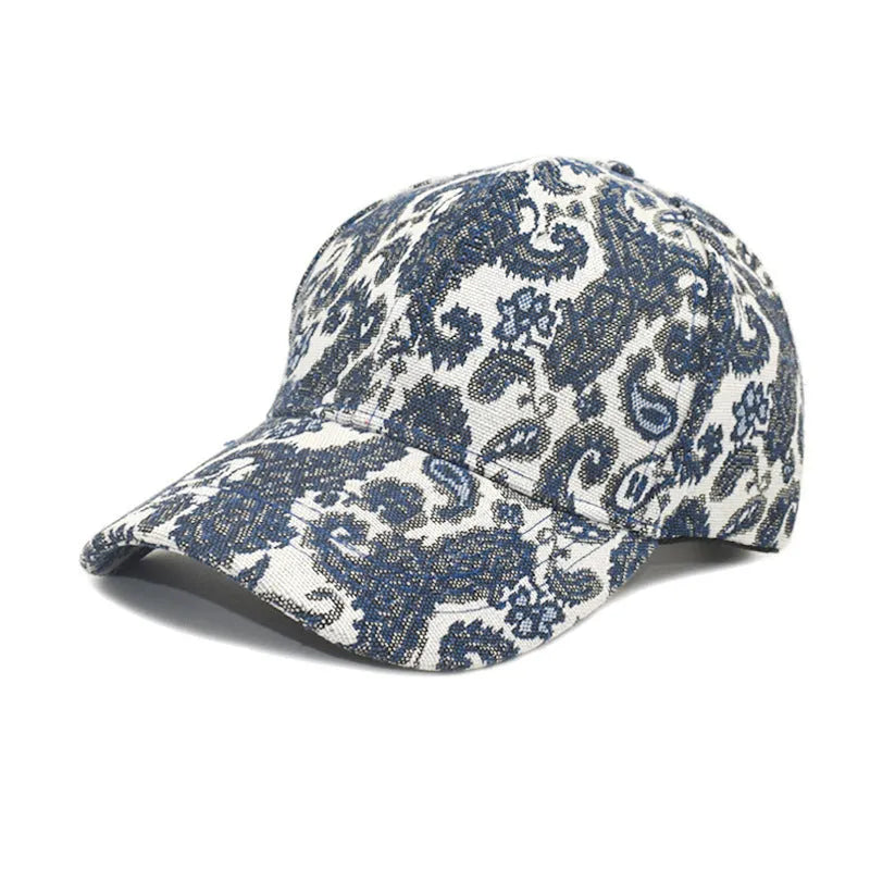 Polyester baseball cap with paisley print in black, blue, or wine red, size M for 56-58cm head.