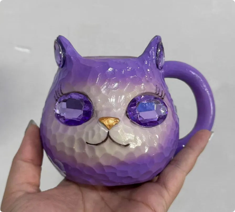 Resin cat cup decorative figurine ornament in purple, green, blue, or pink colour.