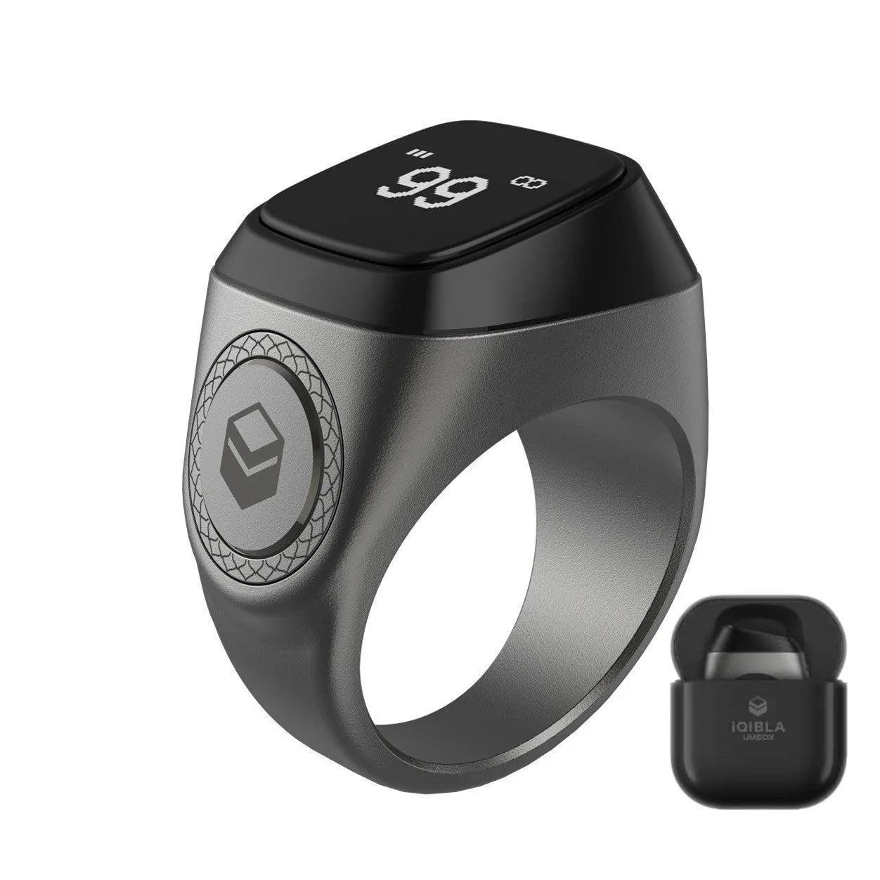 Zikr1 smart ring in black, green, rose gold, or silver on a charging case with USB cable