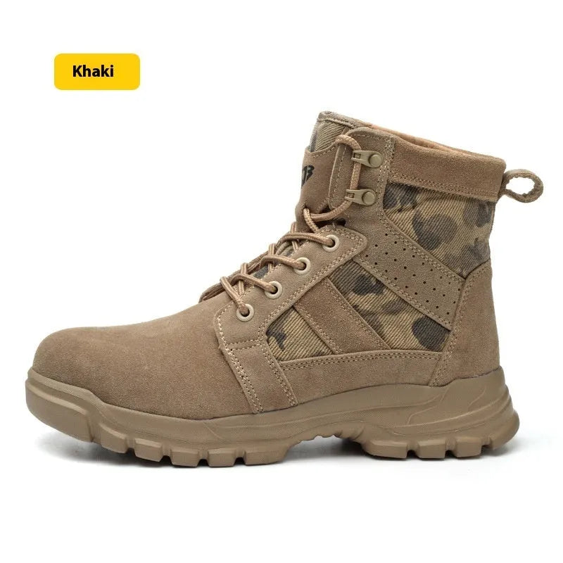 Khaki suede high-top safety combat boots with a steel toe cap and black rubber sole, shown with laces.