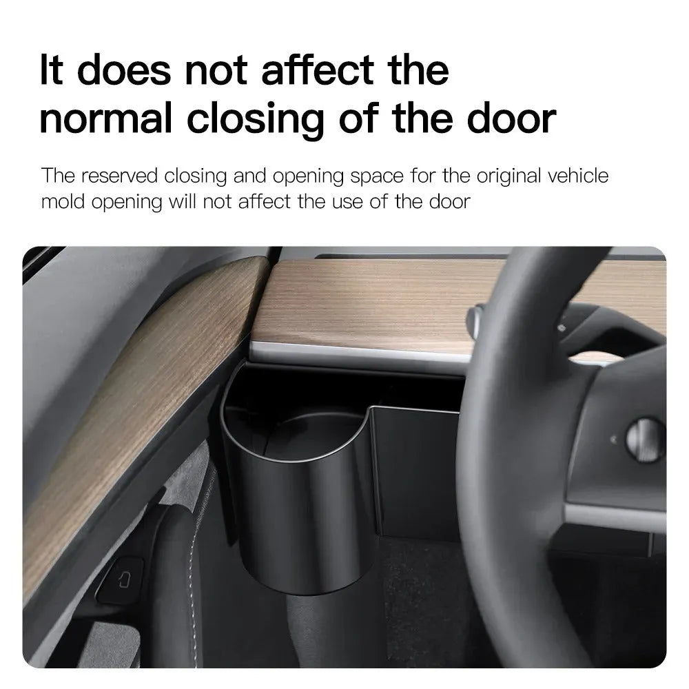 Plastic dashboard cup holder for left-hand drive Tesla Model 3 and Model Y vehicles.