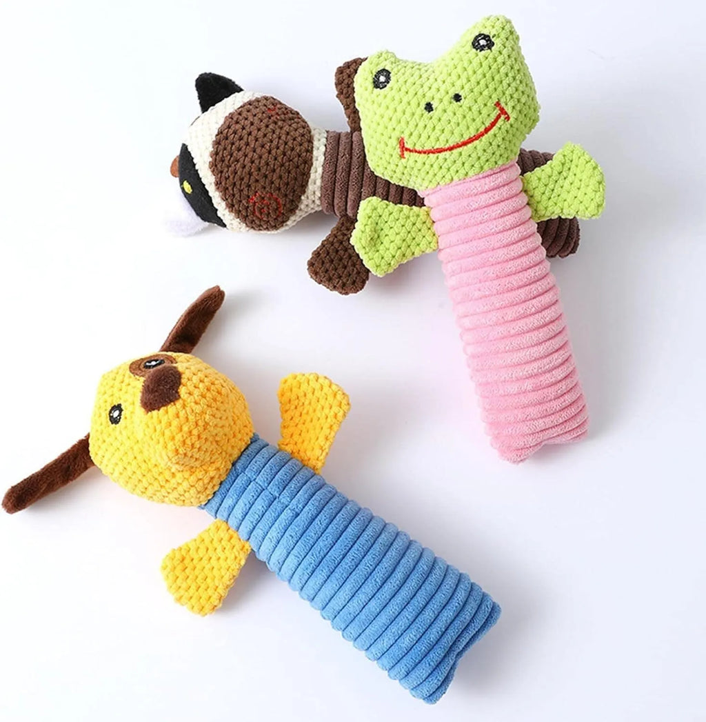 Dog squeaky chew toy shaped like a stuffed animal, 19cm long, for teeth cleaning and play.