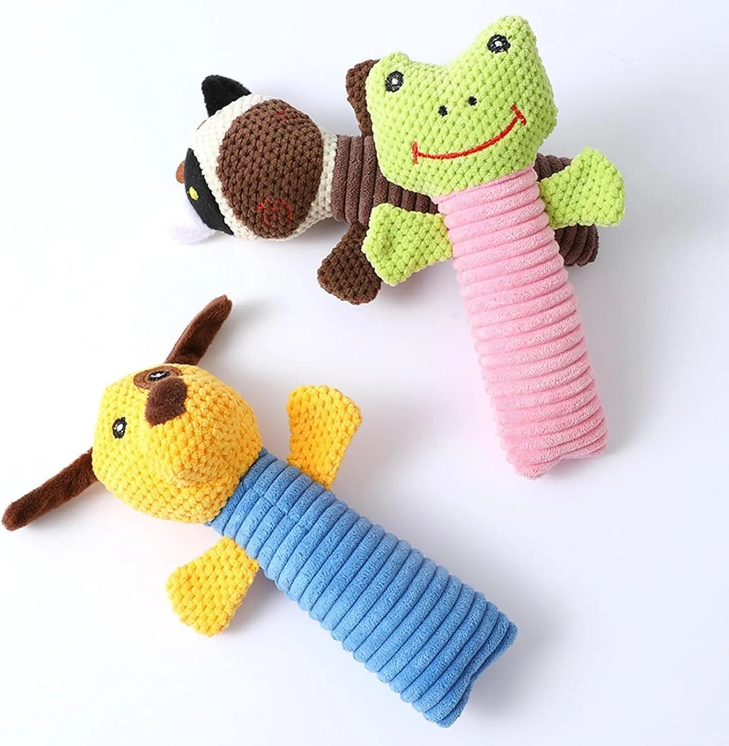 Dog squeaky chew toy shaped like a stuffed animal, 19cm long, for teeth cleaning and play.