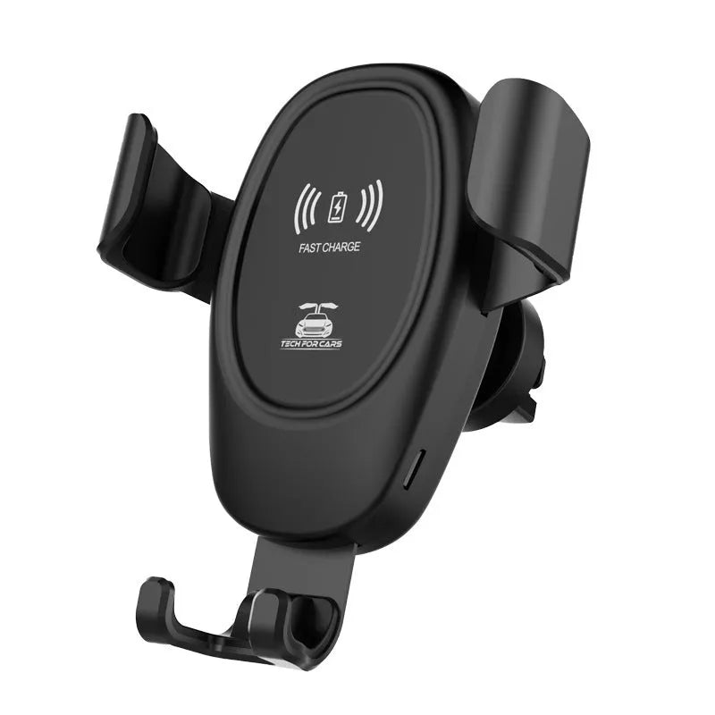 D12 black car wireless charger with air outlet clip, Type-C input, 9.8 x 4.6 x 11cm ABS body